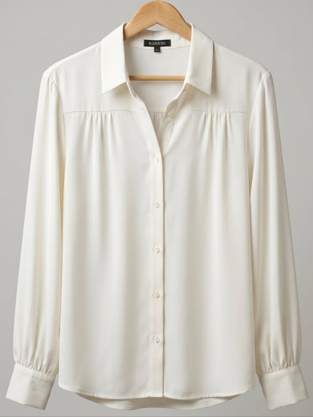 KOJOOIN Ivory Long Sleeve Button Down Blouse Gathered Front Size Large